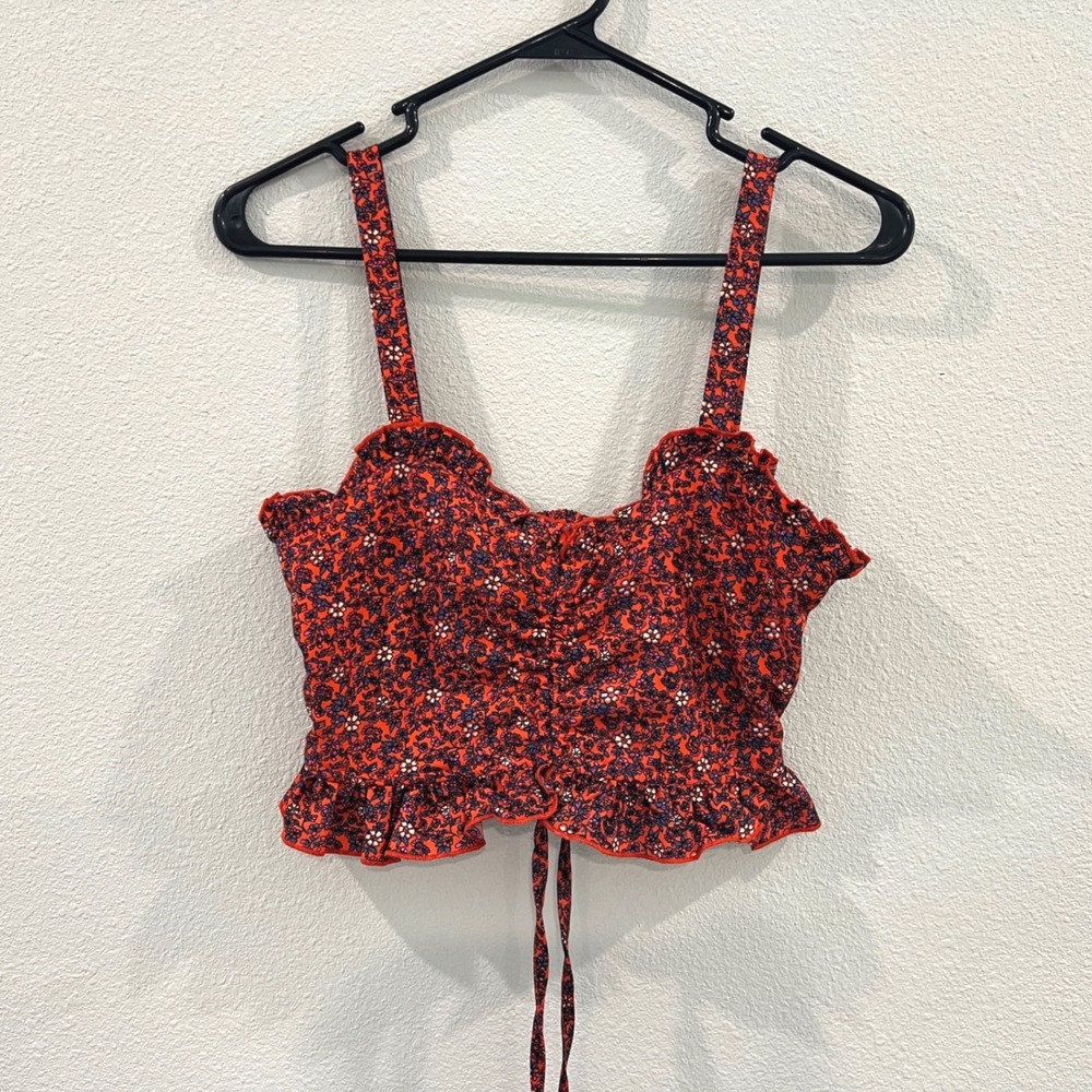 BOG Collective Crop Top Womens Small Red Floral Smocked Ruffle Peplum Tank